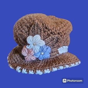 Brown Crochet Floral Cottage Bowler Hat